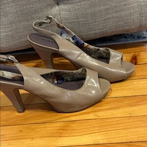 Madden Girl Taupe Patent Peep-Toe Slingback Heels